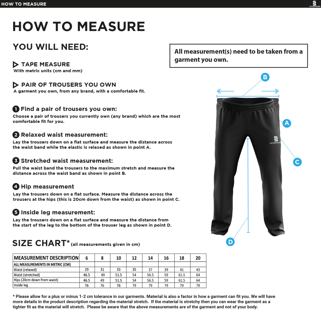 Team Greenwich - Women's Ripstop Track Pants - Size Guide