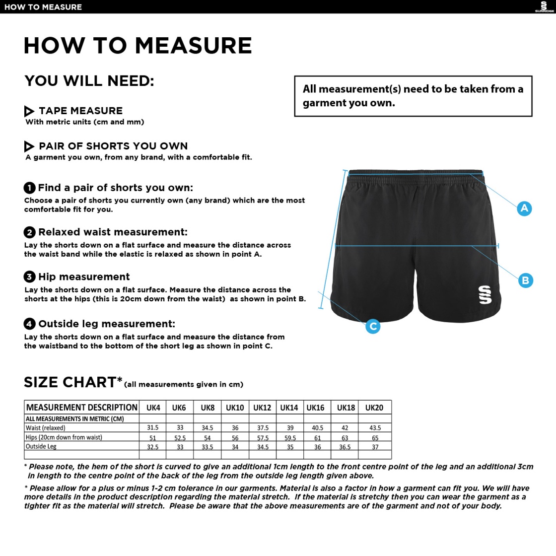 Team Greenwich - Performance Gym Short - Women's Fit - Size Guide
