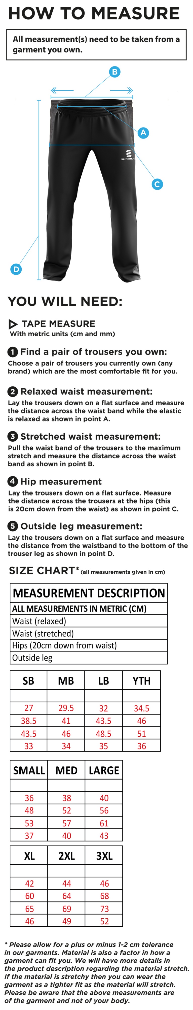 Team Greenwich - Men's Ripstop Track Pants - Size Guide