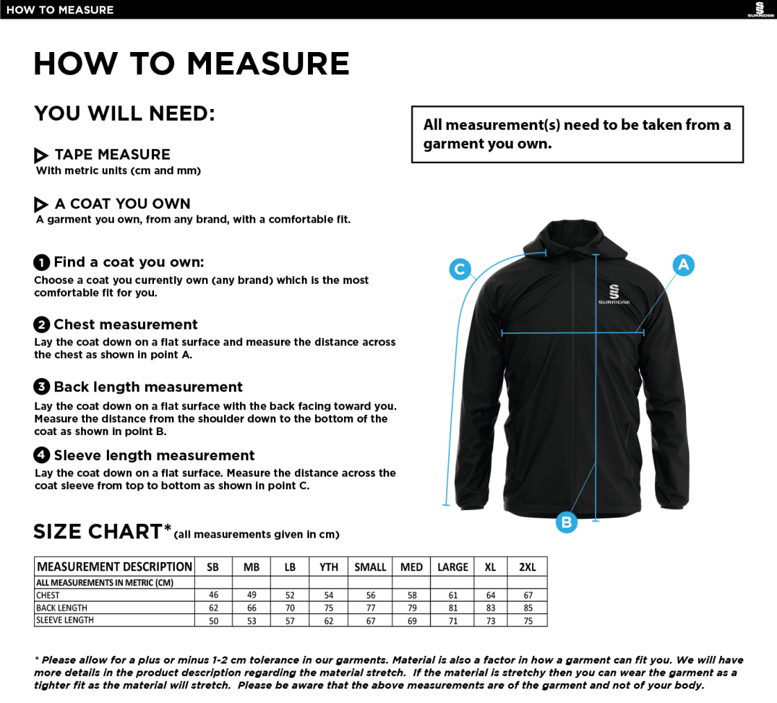 Team Greenwich - Dual Elite 1/4 Zip Hoody / Rain Jacket - Unisex Fit - Size Guide