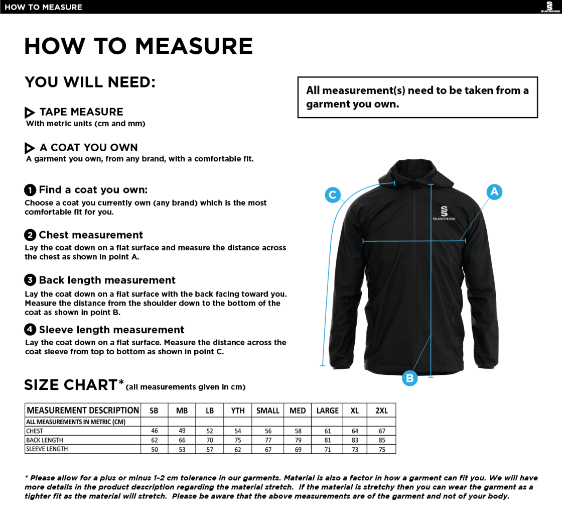 Team Greenwich - 1/4 Zip Hoody / Rain Jacket - Size Guide