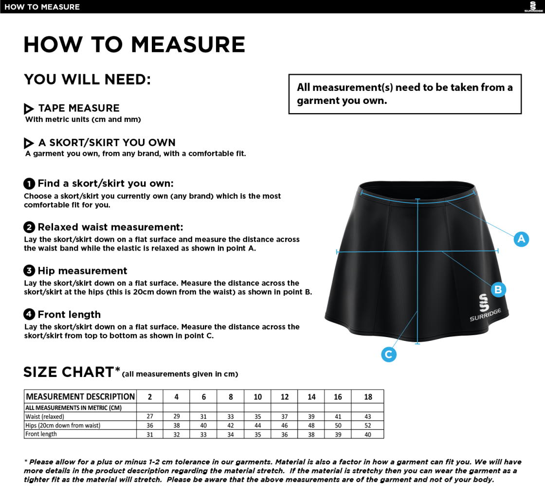 Team Greenwich - Blade Skort - Women's Fit - Size Guide