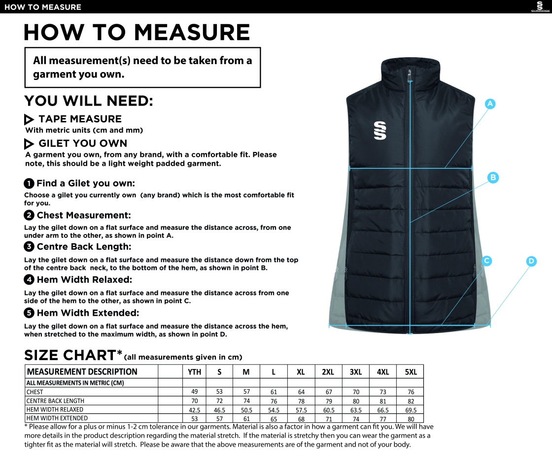 Team Greenwich - Active Gilet - Unisex Fit - Size Guide