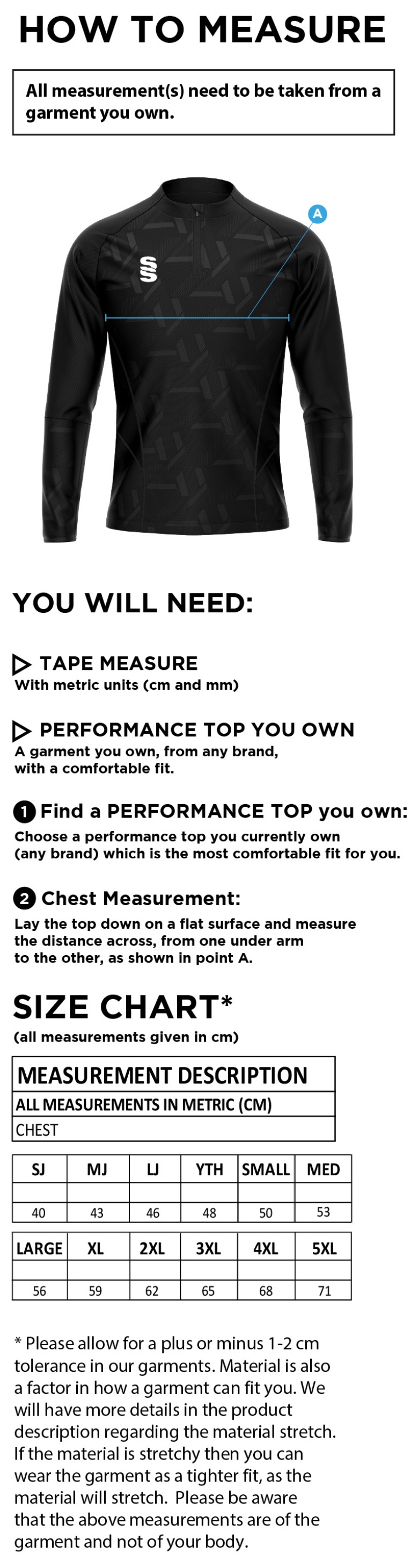 Team Greenwich - Impact 1/4 Zip Performance Top - Unisex Fit - Size Guide