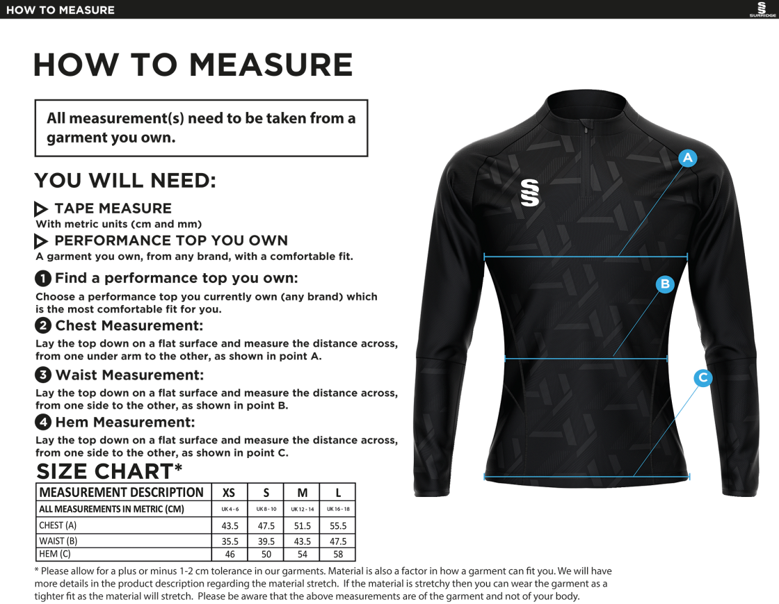 Team Greenwich - Impact 1/4 Zip Performance Top - Women's Fit - Size Guide