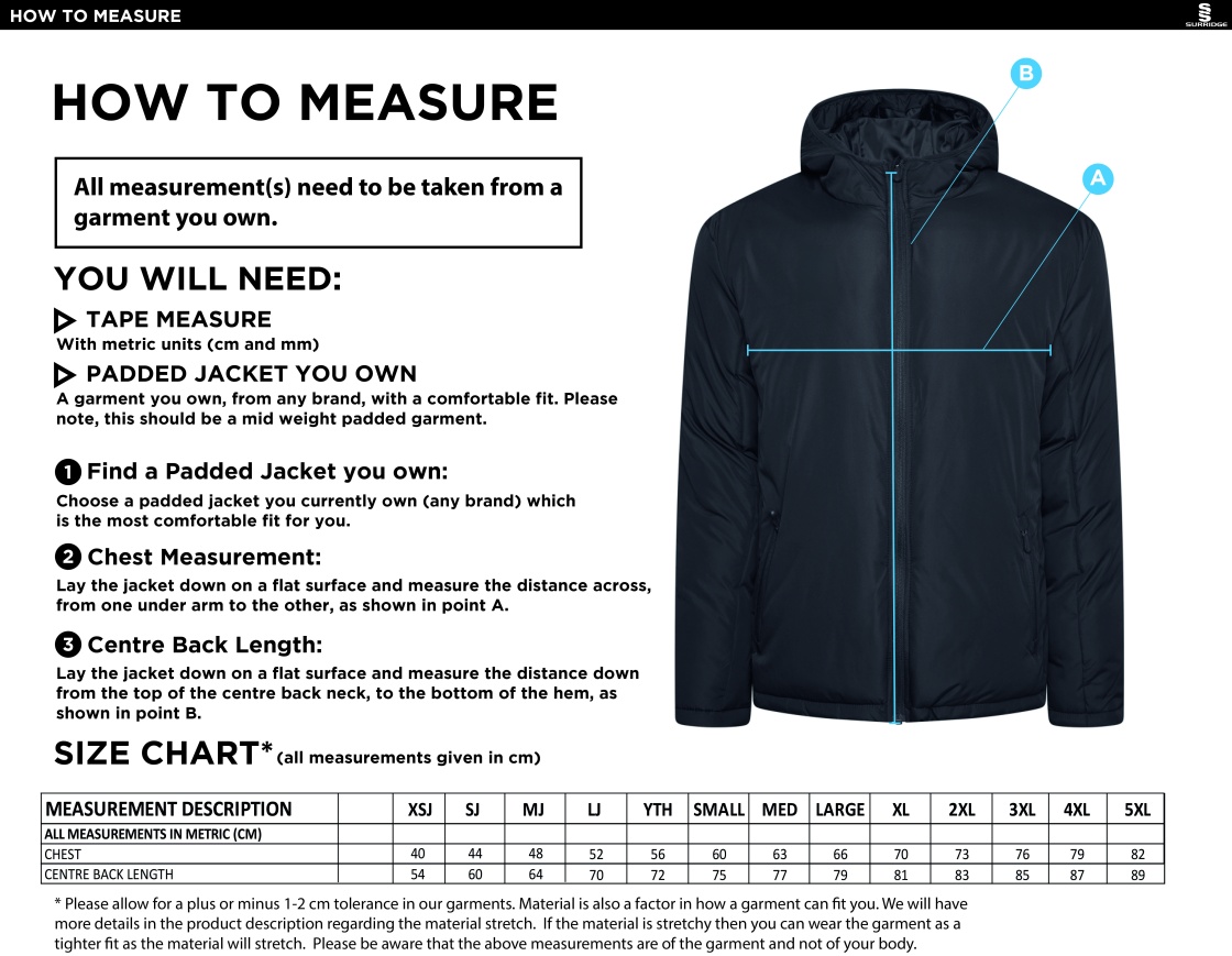 Team Greenwich - Active Padded Jacket - Unisex Fit - Size Guide