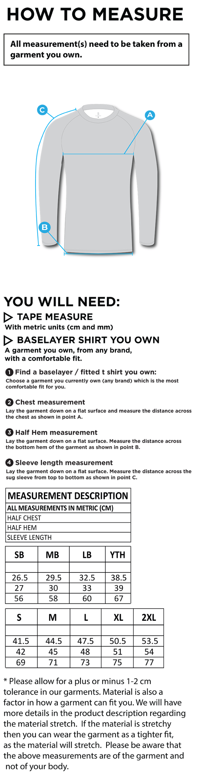 Team Greenwich - Dual Long Sleeve Baselayer - Unisex Fit - Size Guide