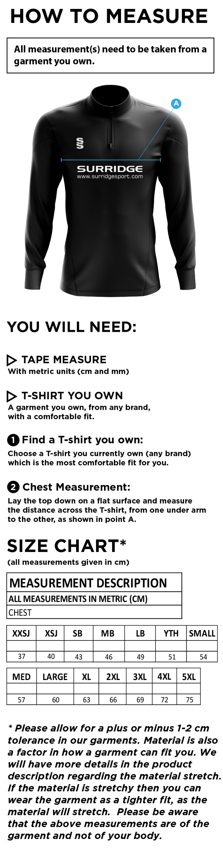 Team Greenwich - 1/4 Zip Dual Performance Top - Unisex Fit - Size Guide