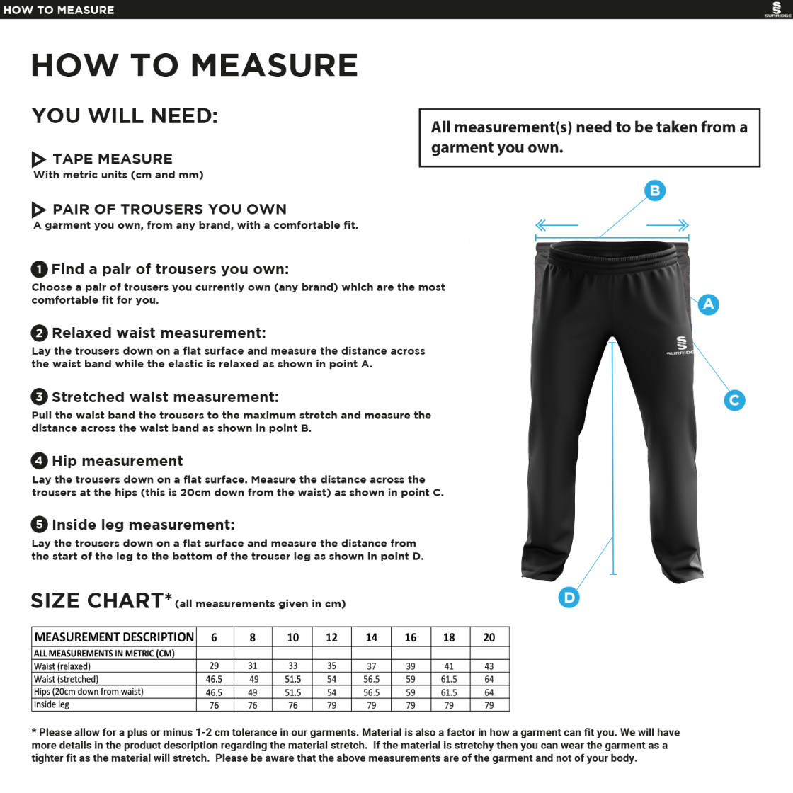 Team Greenwich - Dual Poplin Track Pant with Lycra - Women's Fit - Size Guide