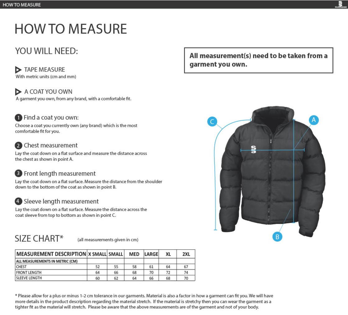 Team Greenwich - Dual Puffa Jacket - Women's Fit - Size Guide