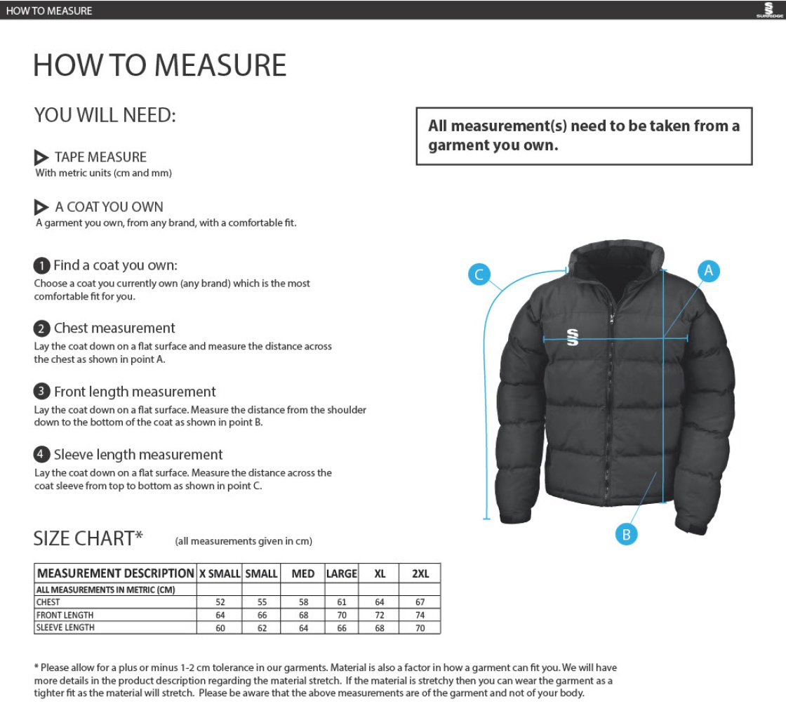 Team Greenwich - Women's Puffa Jacket - Size Guide