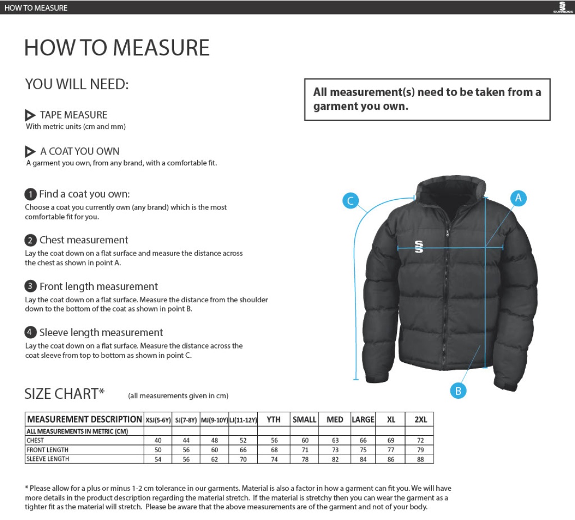 Team Greenwich - Dual Puffa Jacket - Unisex Fit - Size Guide