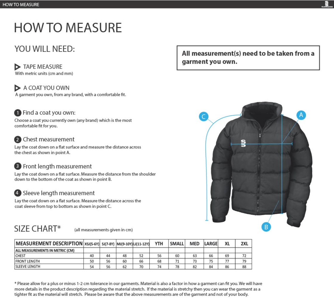 Team Greenwich - Men's Puffa Jacket - Size Guide