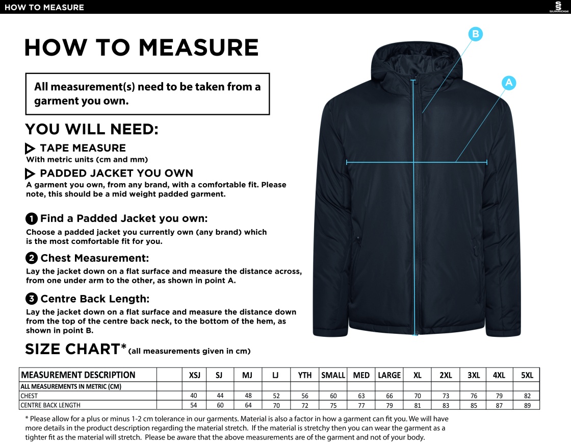 Team Greenwich - Active Padded Jacket - Unisex Fit - Size Guide
