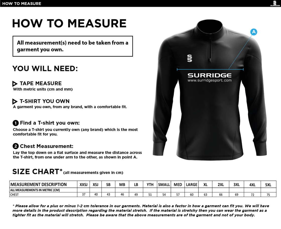 Team Greenwich Varsity - 1/4 Zip Dual Performance Top - Size Guide