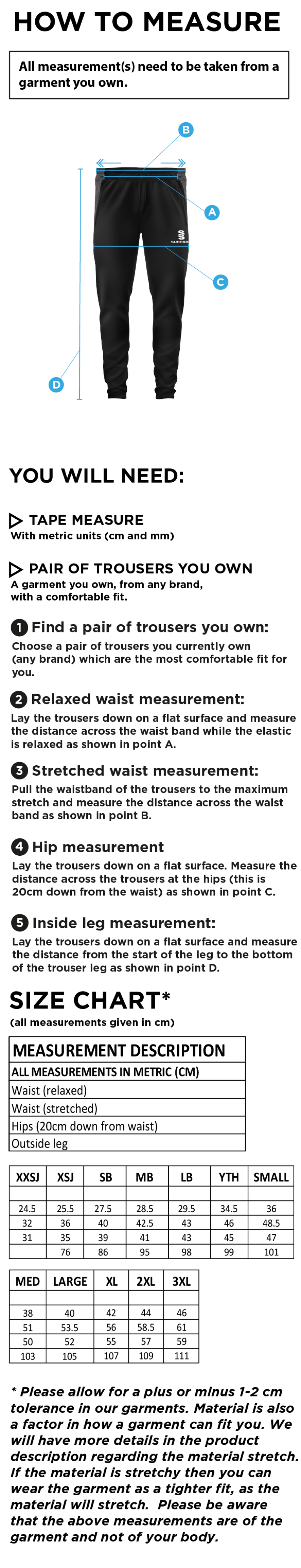 Team Greenwich - Tek Slim Training Pants - Unisex Fit - Size Guide