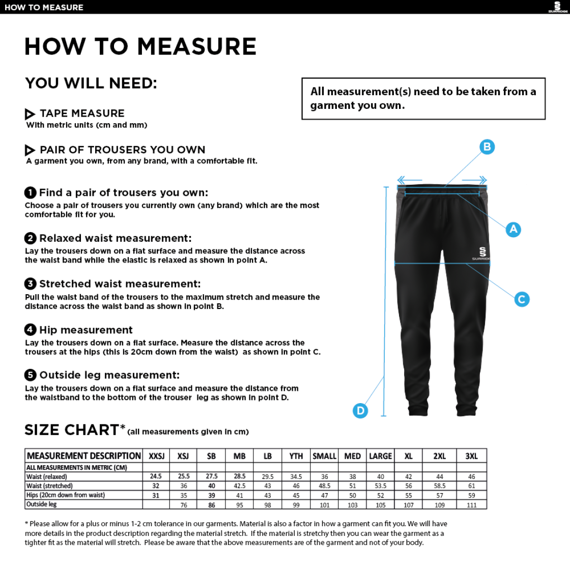 Team Greenwich - Tek Slim Training Pants - Unisex Fit - Size Guide