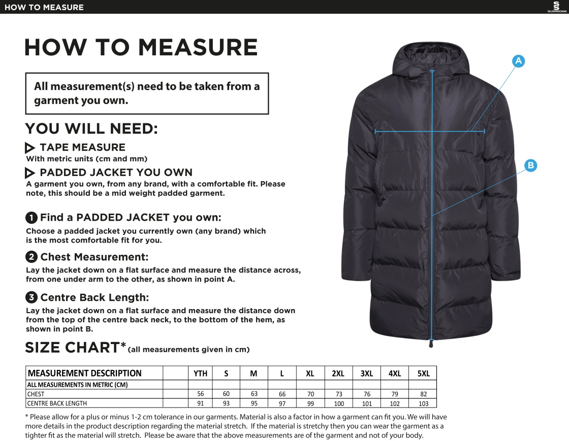 Team Greenwich - Active Long Padded Jacket - Unisex Fit - Size Guide