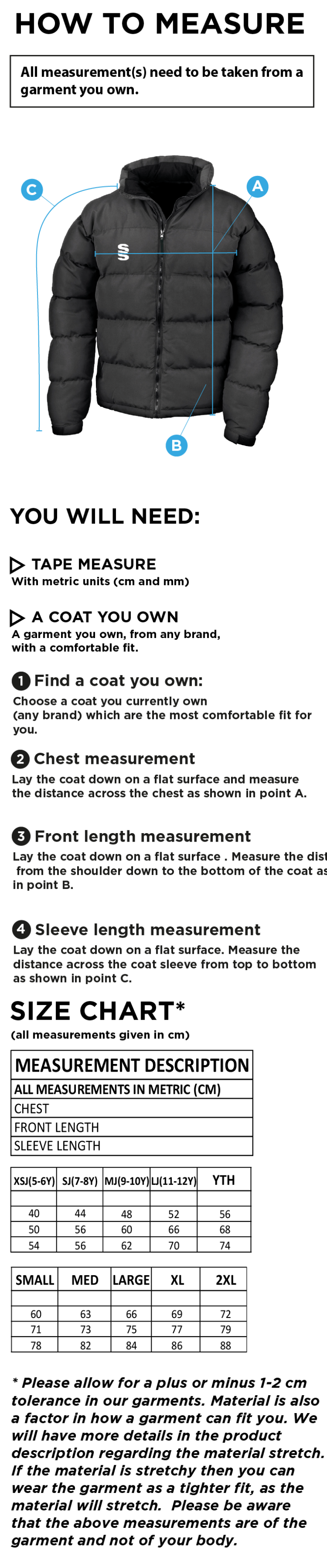 Team Greenwich - Dual Puffa Jacket - Unisex Fit - Size Guide