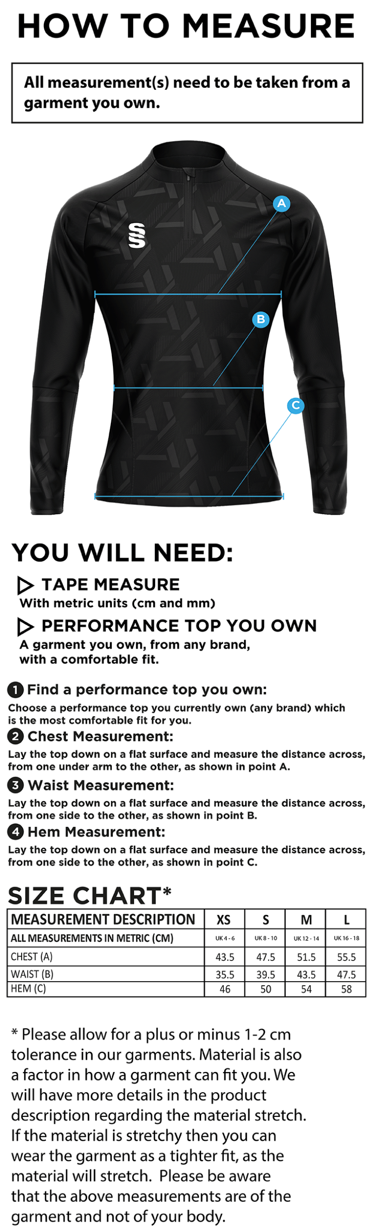 Team Greenwich - Impact 1/4 Zip Performance Top - Women's Fit - Size Guide