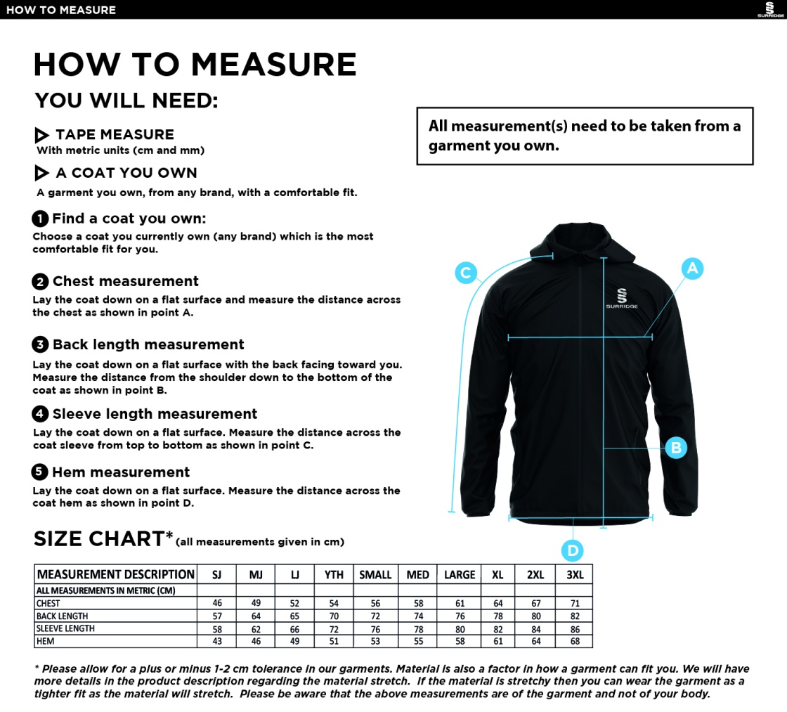 Team Greenwich - Dual Elite 1/4 Zip Hoody / Rain Jacket - Staff Kit - Size Guide