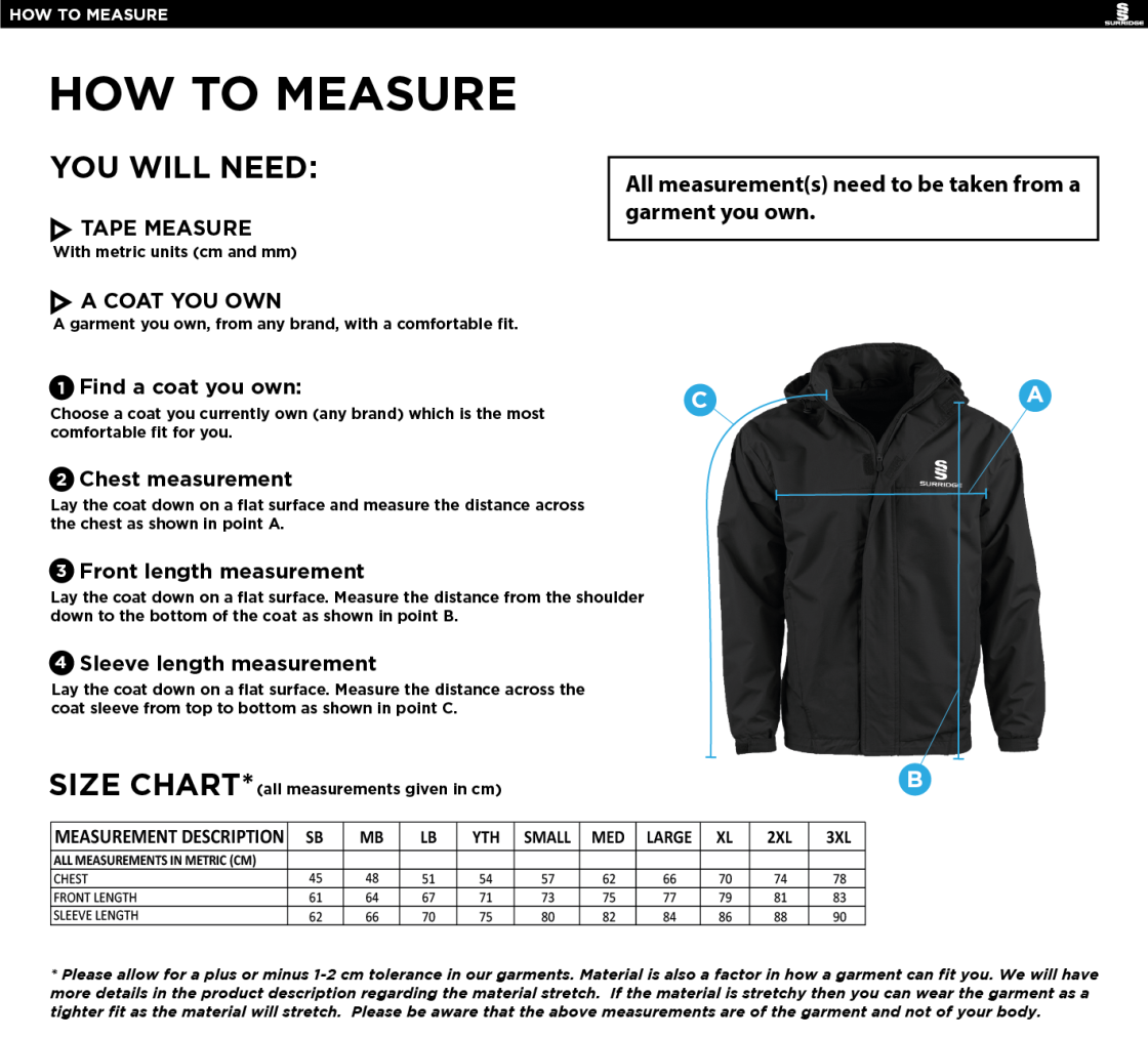 Team Greenwich - Dual Fleece Lined Jacket - Unisex Fit - Size Guide