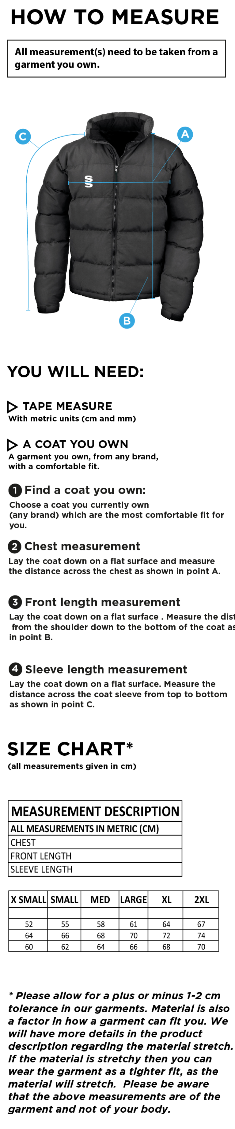 Team Greenwich - Dual Puffa Jacket - Women's Fit - Size Guide